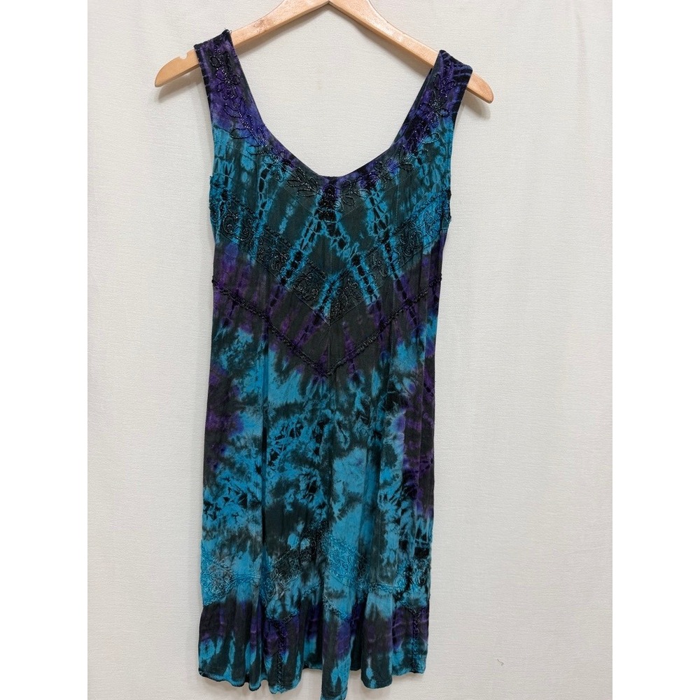 Sakkas Tie Dye Beaded Mini Dress Blue Purple Boho Festival S/M